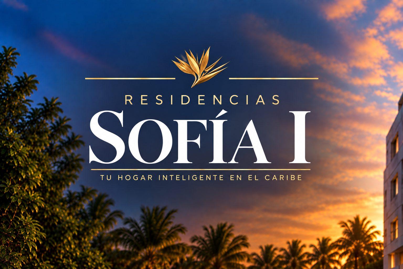 Residencias Sofía I — Tu hogar inteligente en el Caribe, logotipo de ave del paraíso sobre un atardecer de palmeras