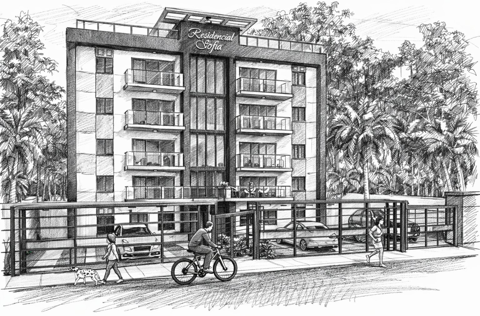 Croquis a lápiz de la fachada de Residencias Sofía I, con la verja, el parqueo y la vegetación tropical