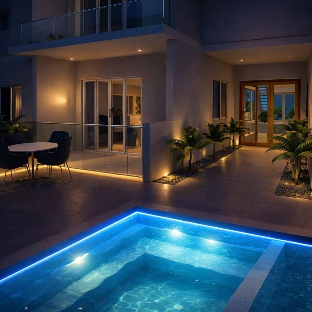 Patio y piscina de Residencias Sofía I iluminados al atardecer
