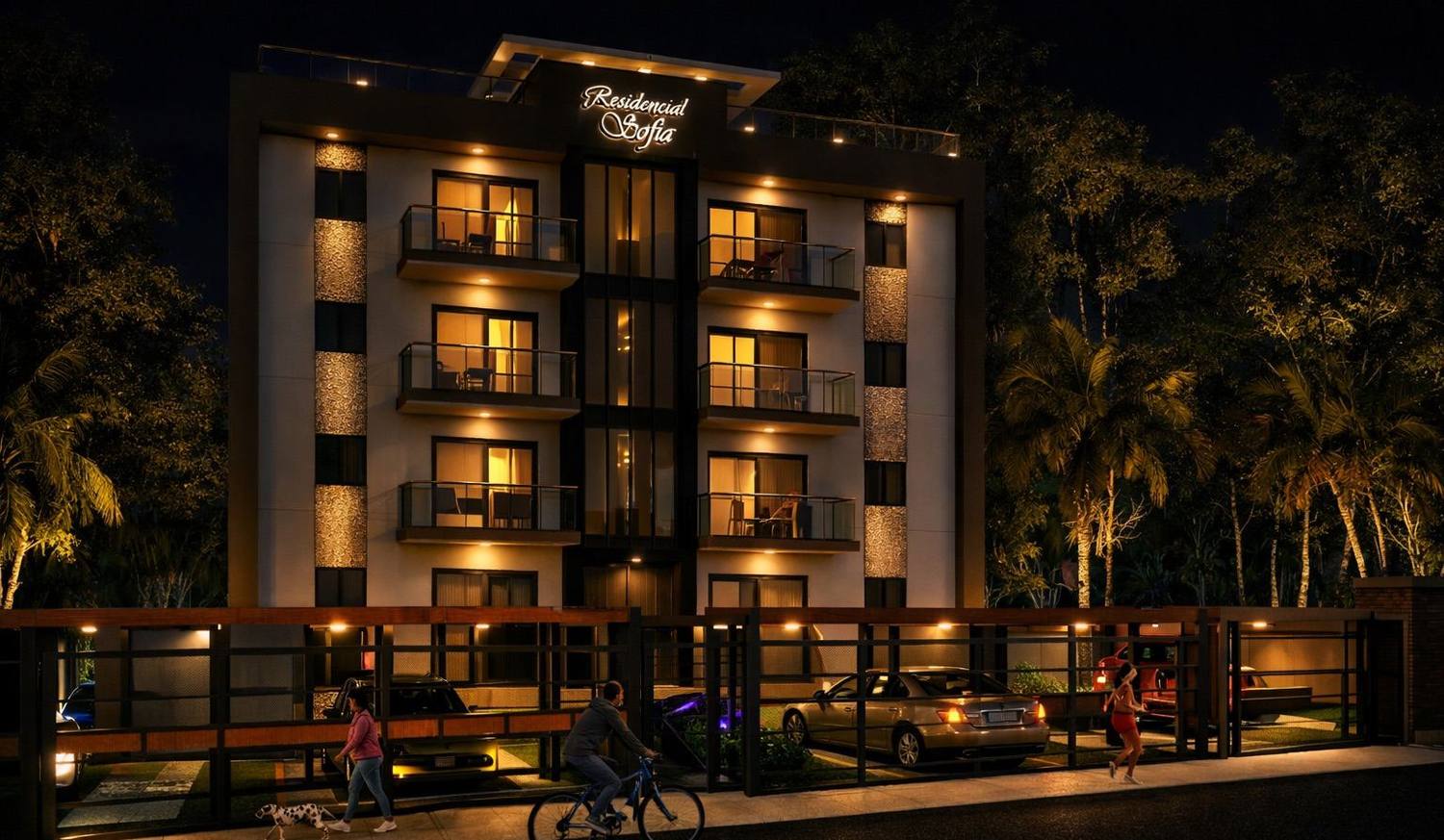 Residencias Sofía I iluminada al anochecer