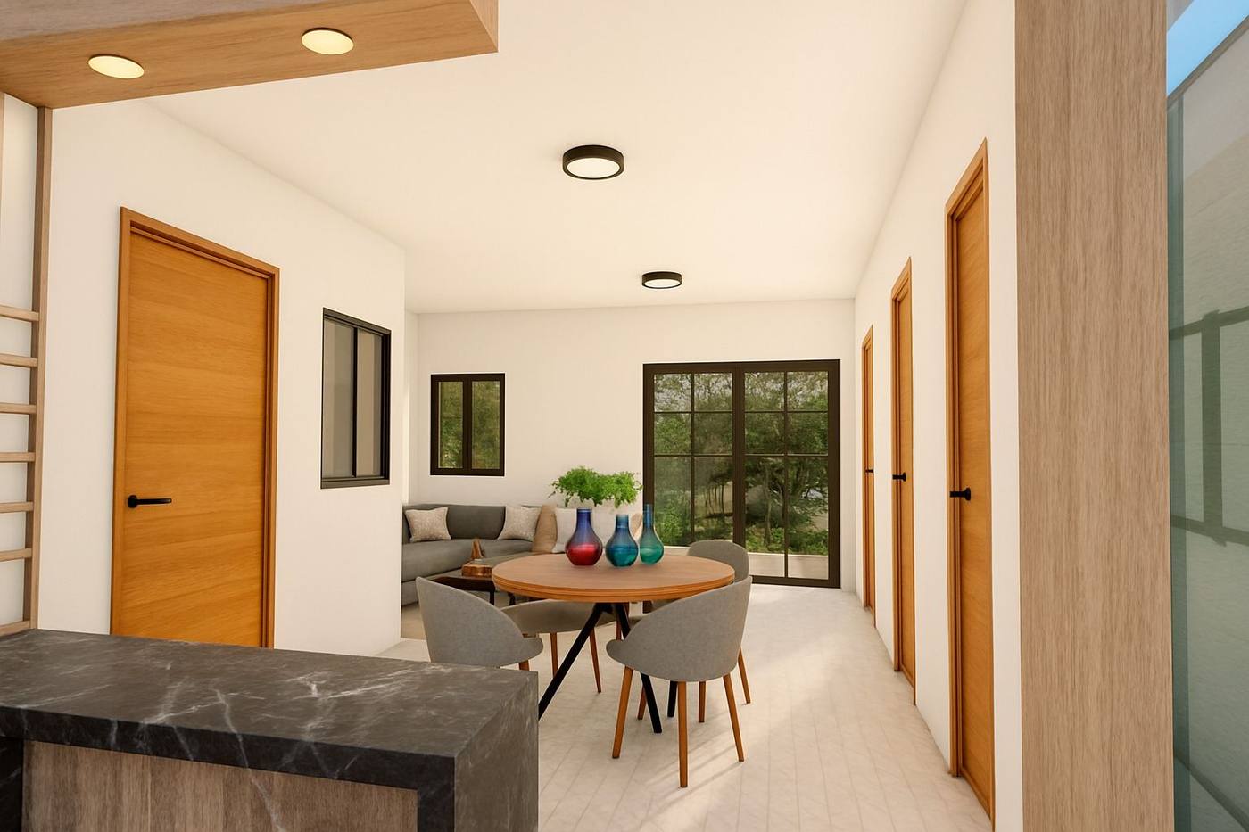 Área social con puertas piso-techo en madera enchapada y ventanas hacia el jardín