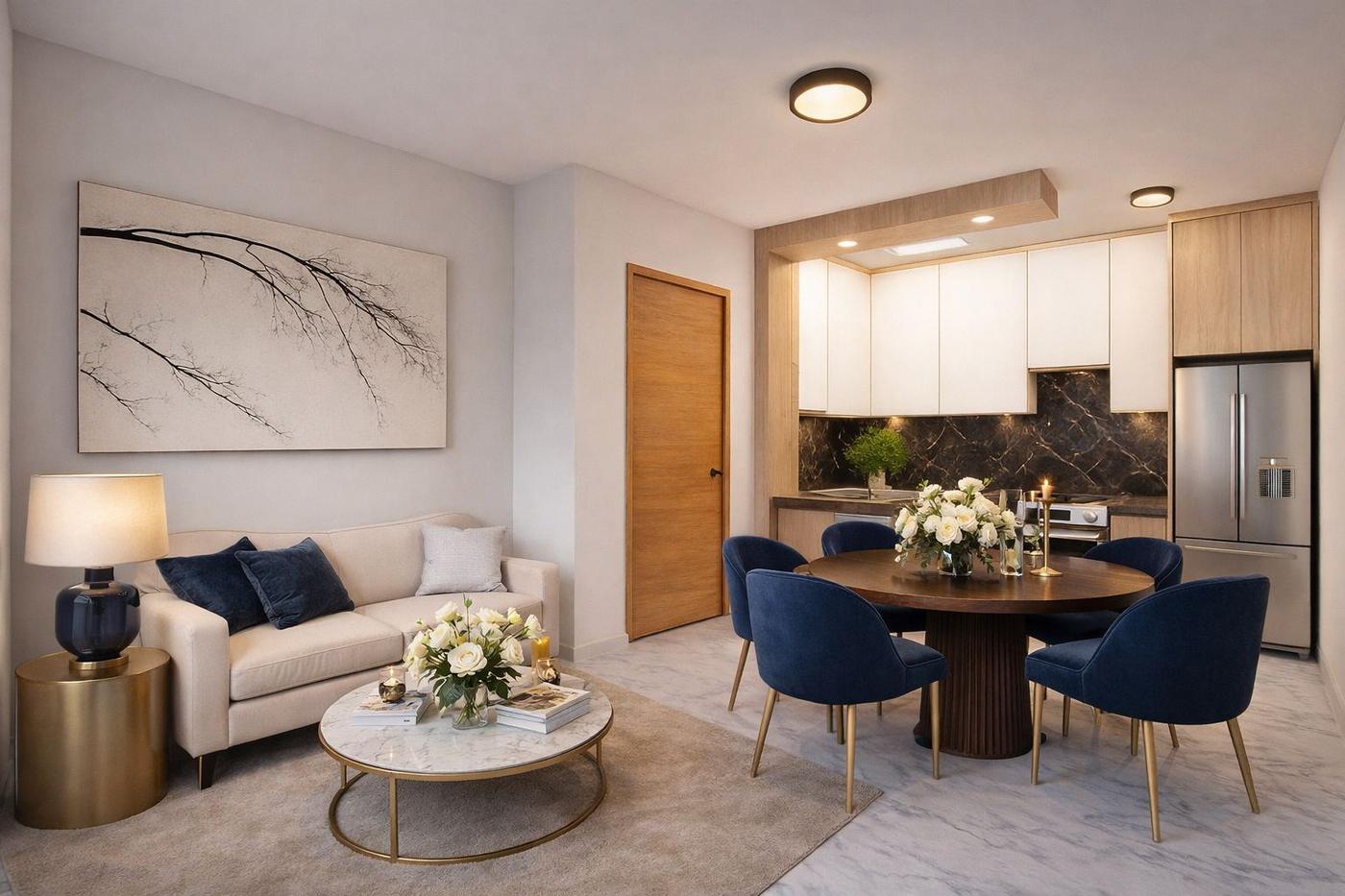 Sala, comedor y cocina moderna minimalista con tope de granito y gabinetes en madera enchapada