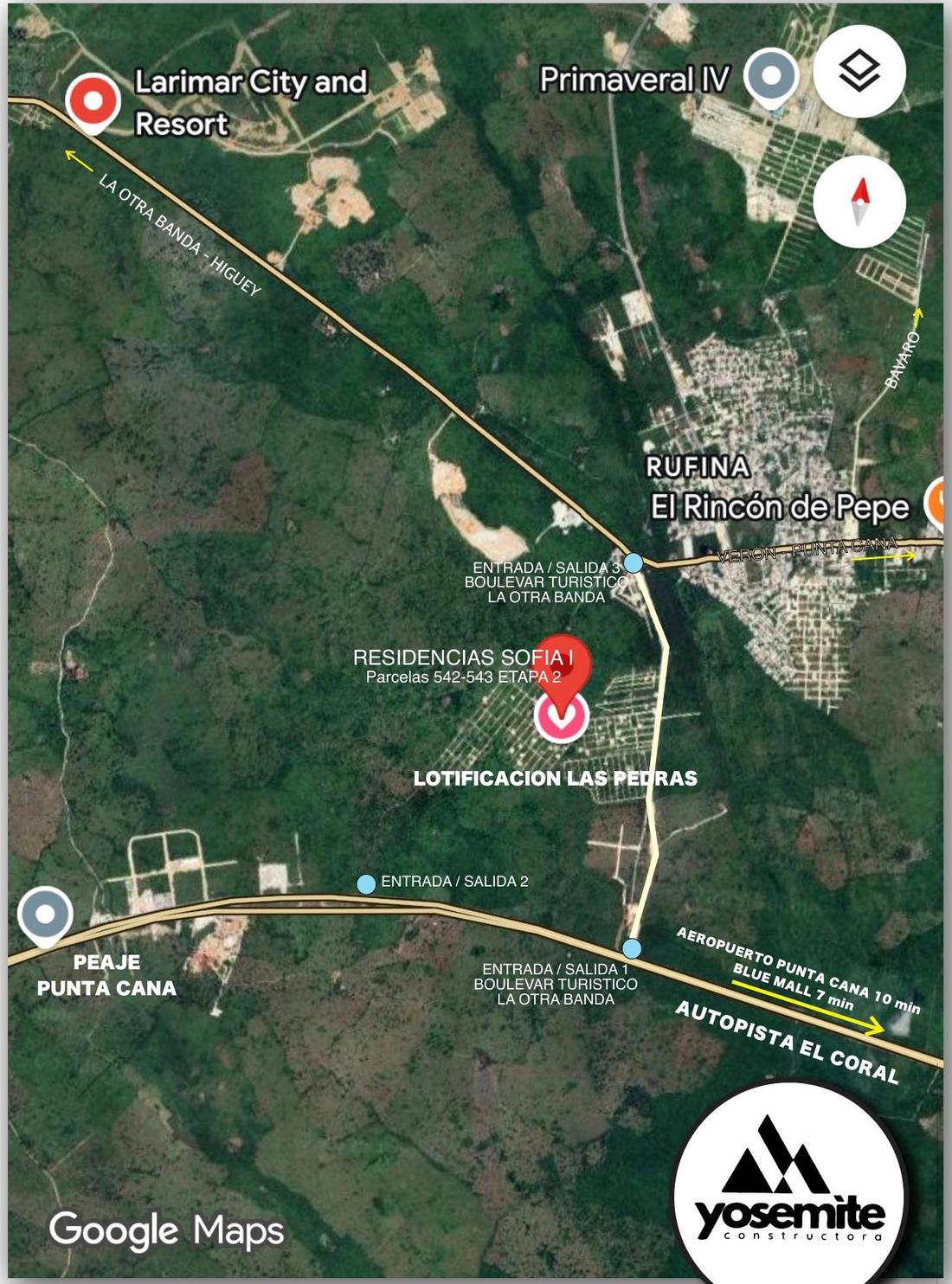 Mapa de ubicación de Residencias Sofía I en Lotificación Las Piedras, Verón, cerca de la Autopista El Coral y el Aeropuerto Internacional de Punta Cana
