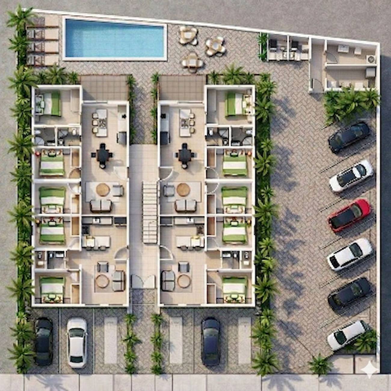 Vista aérea de la piscina y el patio central de Residencias Sofía I