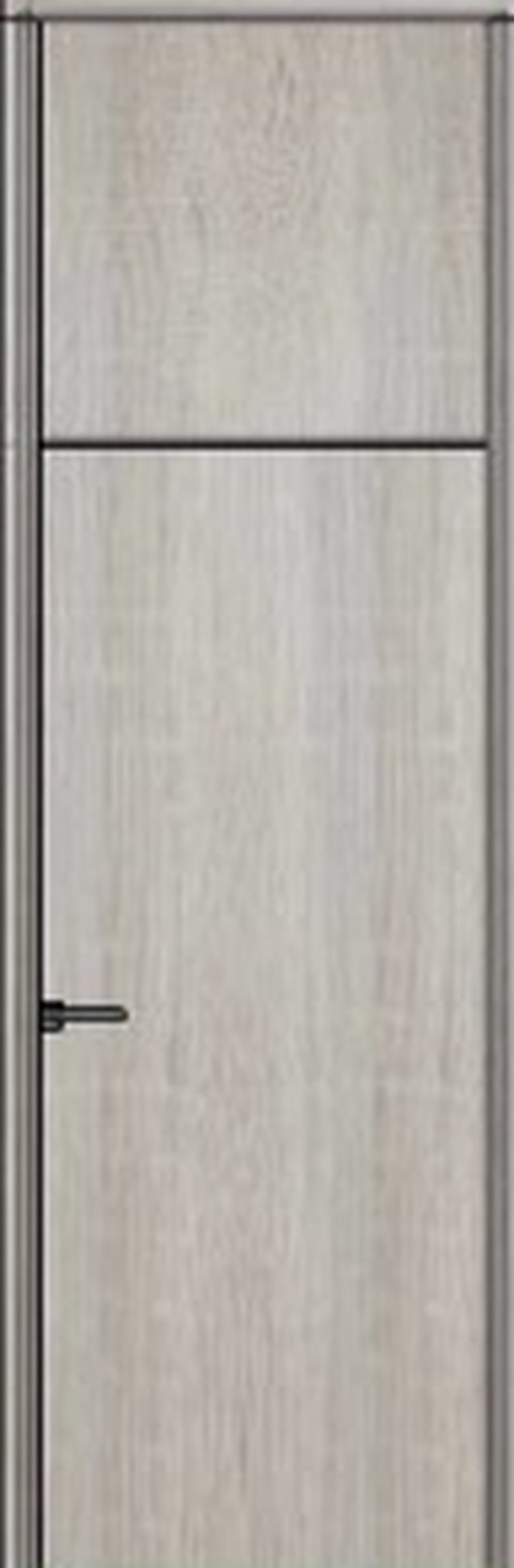 Diseño de puerta en madera enchapada con banda ranurada y herraje negro