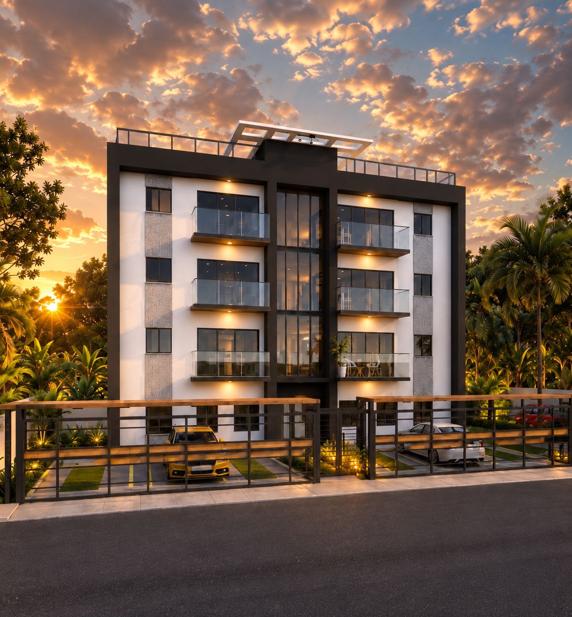 Fachada de Residencias Sofía I al atardecer, con sus cuatro niveles y balcones de vidrio iluminados